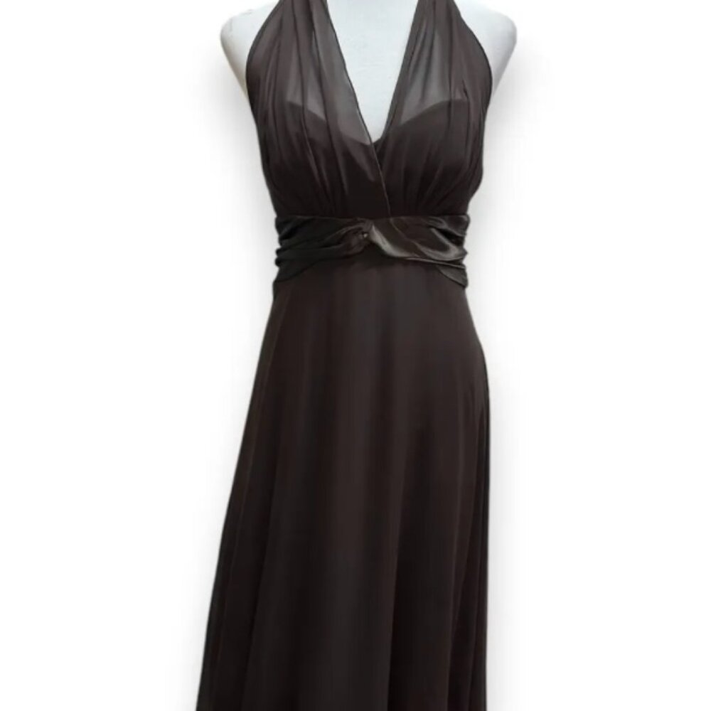 Connected dark chocolate brown halter vneck dress